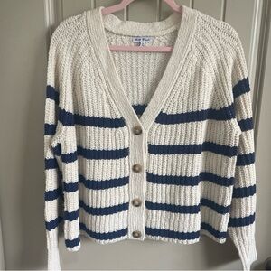 White Birch Cream and Navy Striped Knit Cardigan